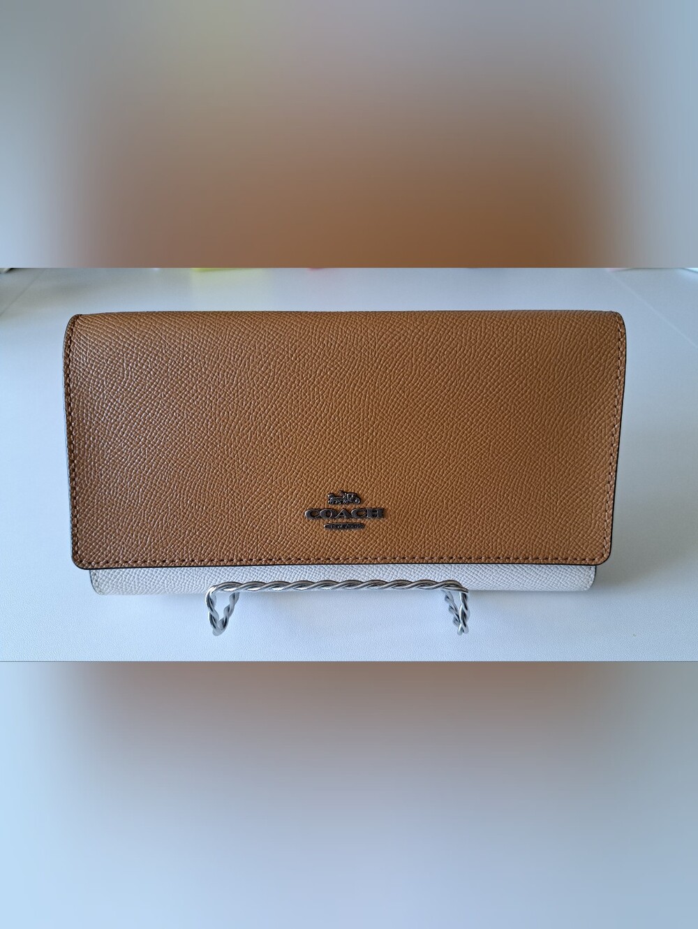 Coach Two-Tone Pebbled Leather Wallet — Tan and White